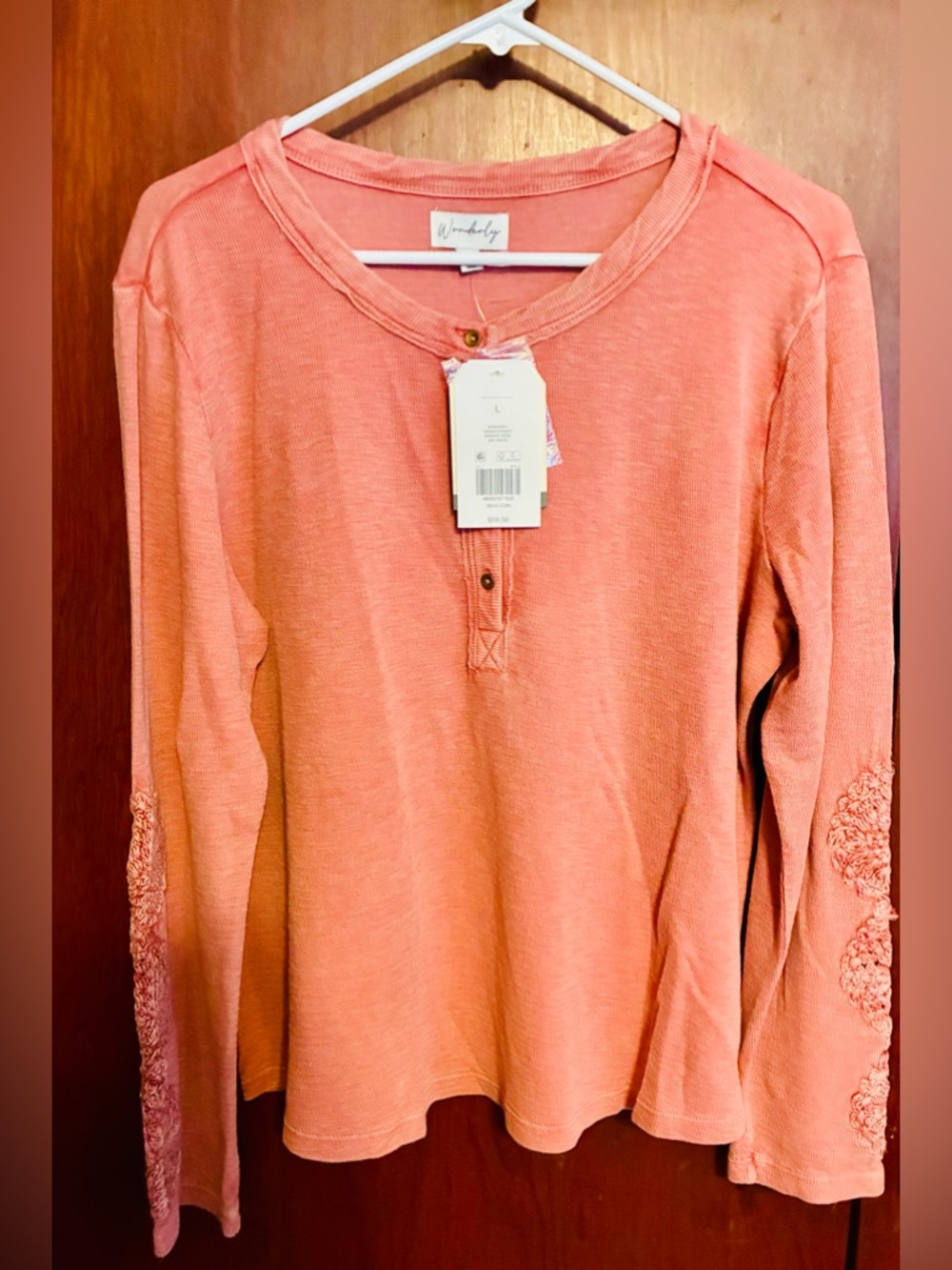 Wonderly Peach-Pink Long Sleeve Henley Top